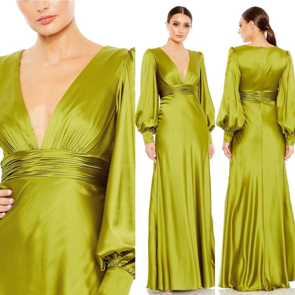 NEW Mac Duggal Charmeuse Bishop Sleeve V Neck Gown Maxi Dress Green Apple Size 2